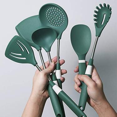 Imagem de Conjunto de utensílios de cozinha com 6 peças, ferramenta de silicone antiaderente, aço inoxidável, colher e espátula resistente ao calor