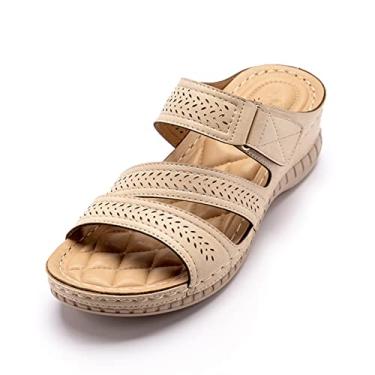 Imagem de Sandália feminina ortopédica anabela confortável Peep Toe Slide sandália vintage aberta lazer interior ao ar livre verão praia chinelos, damasco, 40