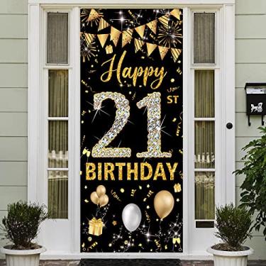 Imagem de Banner de porta de decorações de aniversário de 21 anos, decorações de feliz aniversário de 21 anos de ouro preto para ela ele, decoração de pôster de placa de cobertura de porta, adereços de foto de
