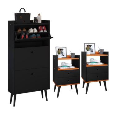 Imagem de Kit Sapateira Vertical 3 Gavetas Basculantes Dark Preto e 2 Mesinhas Canto Quarto Nicho Decorativo Dream Preto/Cinamomo RPM