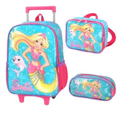 Imagem de Mochila Carrinho Estojo Lancheira Barbie Sereia E Unicórnio cor:Verde