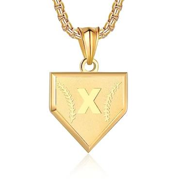 Imagem de Colar com inicial A-Z para meninos, aço inoxidável, com pingente de escudo de letras, corrente de 52 + 5 cm inspiradora de beisebol, joia de presente para homens, Ouro, Sem Pedra Preciosa