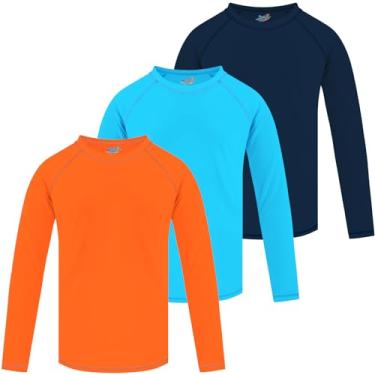 Imagem de Pacote com 3 camisetas de natação Rash Guard de manga comprida FPS + 50 camisetas de sol para crianças pequenas Rashguard, Azul, azul marinho e laranja, 9-10 Years