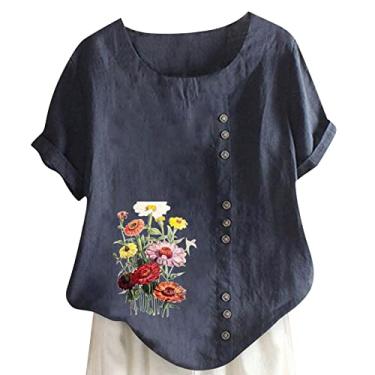 Imagem de Camiseta feminina de manga curta com estampa floral, blusa de linho, folgada, gola redonda, botão, túnica, camisa de verão, Azul escuro, P