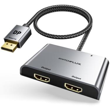 Imagem de SWITCHFLUX Adaptador DisplayPort para HDMI duplo [4K @60Hz] DP para HDMI Splitter 1 entrada e 2 saídas, conversor de fonte DP macho para monitores duplos compatível com PC, placa gráfica e mais