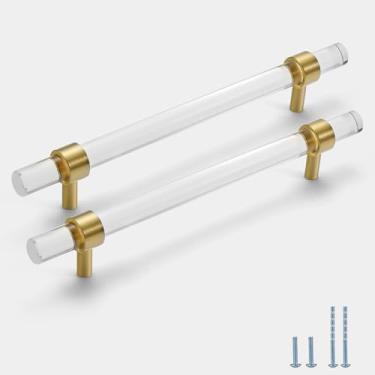 Imagem de Evionlin 1 peça de puxador de armário de acrílico de 16 cm, base de latão, puxador de cristal, gaveta de cozinha dourada, puxadores de gaveta modernos transparentes de grão único