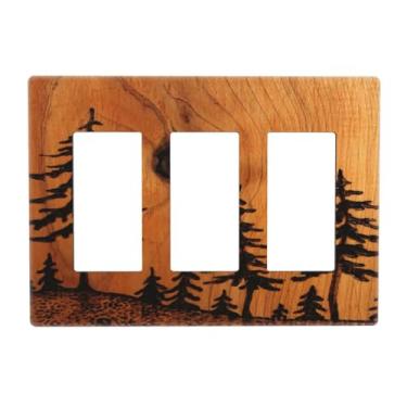 Imagem de Pine Tree Woodland Mountain Forest Wood Wood 3 Gang Triple Rocker/Decorator Light Switch Wall Plate Electrical Outlet Cover Country Vintage Rústico Decorativo Três GFCI Placa Frontal Sem Parafusos