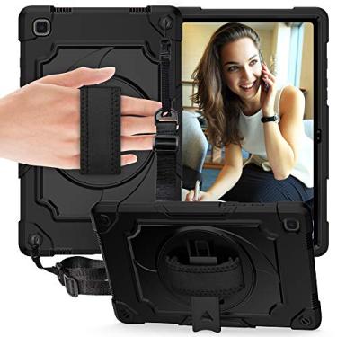 Imagem de TDA Trading Capa para Samsung Galaxy Tab A7 10,4 polegadas 2020 (SM-T500/T503/T505/T507) - Capa resistente à prova de choque com suporte de 360 graus, alça de mão e alça de ombro (preta/preta)