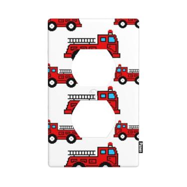 Imagem de Pznen Capa de tomada de caminhão de bombeiros vermelho desenho animado meninos carro brinquedo placa de parede duplex 1 gangue padrão capa decorativa para casa escritório