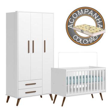 Imagem de Quarto de Bebê Qencanto com Roupeiro e Berço Qmovi Branco + Colchão Ga