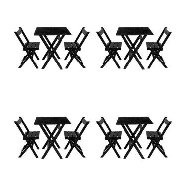 Imagem de Kit 4 Conjuntos Mesa Dobrável Para Bar E Restaurante 60x60cm Com 2 Cadeiras Em Madeira Maciça - Pret - Preto