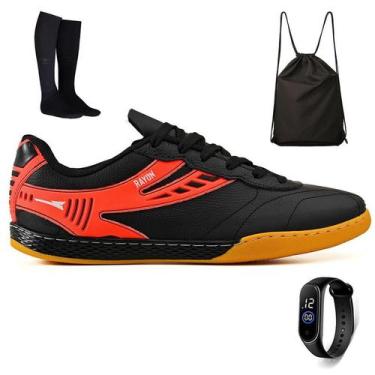 Imagem de Kit Chuteira Futsal Couro Futebol Salao Quadra + Mochila + Meião + Rel