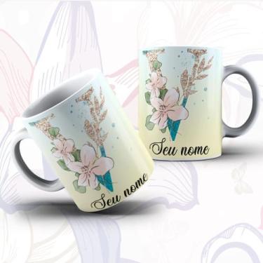 Imagem de Caneca Porcelana Alfabeto Floral Glitter Personalizada Com Inicial E N