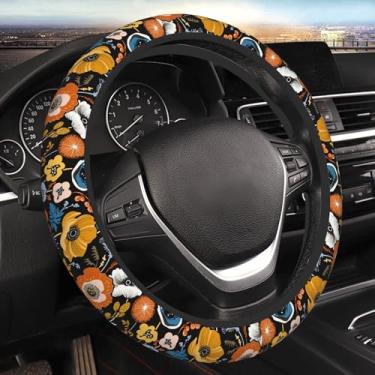 Imagem de Linda capa de volante de flor amarela, acessórios de carro para mulheres, meninas, universal, neoprene, 38 cm, preto, decoração de interiores, protetor antiderrapante para carro, caminhão, protetor