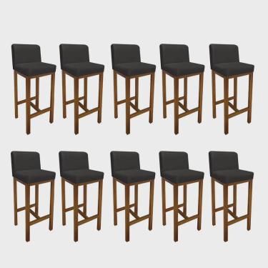 Imagem de Kit 10 Banqueta Alta Com Encosto Aila Cozinha Balcão Bistrô Base Madeira Castanho Tecido Sintético Cinza - Ahz Móveis