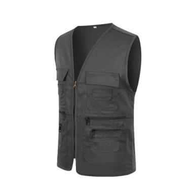 Imagem de Colete De Pesca Casual Masculino, Colete Sem Mangas Para Caça Ao Ar Livre Fotografia E Pesca Com Vários Bolsos, Jaqueta À Prova De Vento Com Zíper E Forro Da Moda, Para Escalada(Dark gray,3X-Large)