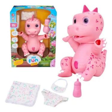 Imagem de Boneco Dinossauro Rosa Girls Faz Xixi Mamadeira Fralda e Babador Adijo