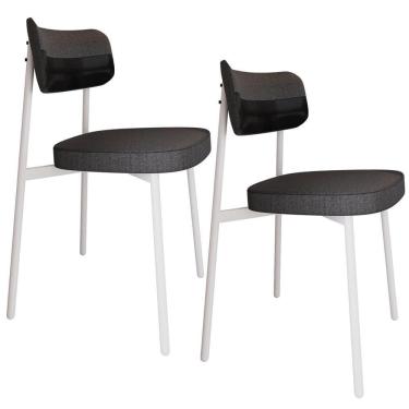 Imagem de Kit 02 Cadeiras Estofada Para Sala De Jantar Astrid Branco C01 Linho Preto Courino Preto - Lyam Decor