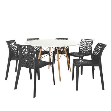 Imagem de Conjunto Mesa De Jantar Redonda Eiffel Branca 120cm Com 6 Cadeiras Gruvyer - Preto