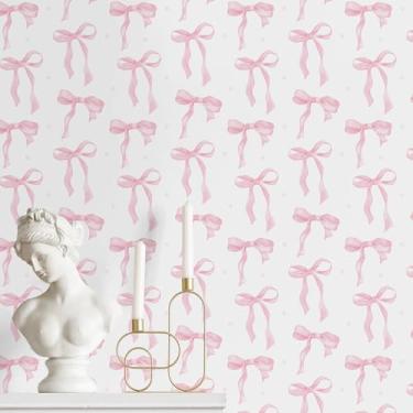 Imagem de MotiMind Papel de parede com laço rosa 40 x 49 cm lindo laço papel de parede estético coquete moderno rosa rosa descascar e colar papel de parede feminino adesivo removível coquete decoração de quarto