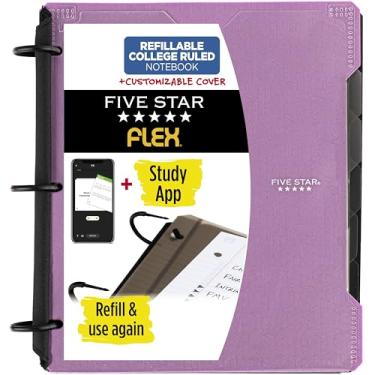Imagem de Five Star Caderno flexível recarregável + aplicativo de estudo, fichário de 2,5 cm com capa personalizável, caderno pautado universitário e fichário de 3 anéis, fichário híbrido, capacidade para 200