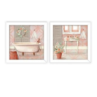 Imagem de Kit 2 Quadros Decorativos Banheiro, toalete, lavabo, Salmão 2 MOLDURA EM MADEIRA COM VIDRO (Branco)