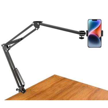 Imagem de Suporte de tripé superior para câmera de webcam, braço articulado longo sobre a cabeça com suporte de telefone e cabeça esférica, acessório de suporte de telefone com braçadeira preguiçosa de mesa