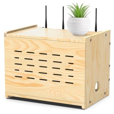Imagem de Caixa de armazenamento de roteador WiFi atualizada, prateleira para projetor, organizador de cabos modem de grande espaço, suporte hider para gerenciamento de cabos de régua de energia por madeira
