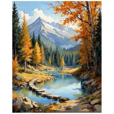 Imagem de Kit de pintura natural por números para adultos - DIY Mountain River com pintura de caminho de pedra em tela 40 x 50 cm, conjunto de tinta acrílica, adequado para iniciantes, arte para decoração de
