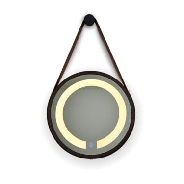 Imagem de ESPELHO ADNET ILUMINADO REDONDO 50CM PRETO C/ALÇA CARAMELO TOUCH LED 3000K