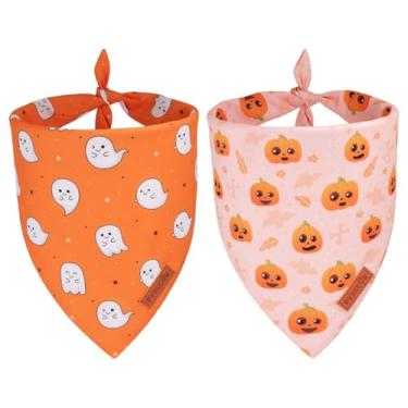 Imagem de PTDECOR Bandana de Halloween para cães, lindo fantasma, abóbora, design reversível, cachecol para animais de estimação, ajustável, laranja, amarelo, bandana de Halloween para cães GG (GG)