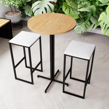 Imagem de Conjunto Mesa Alta Bar Bistrô Redonda Pinus 2 Bancos Estofado Industri