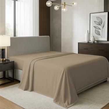 Imagem de TEXAS LINEN CO. Lençol de cima 100% algodão orgânico percal tamanho casal - 1 lençol de cima, cinza-acastanhado - roupa de cama nítida, fresca e forte, lençóis de cima para quem dorme quente, lençóis