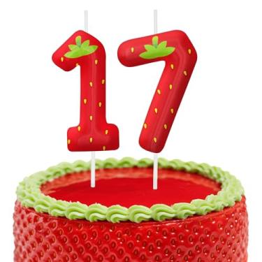 Imagem de Velas de aniversário de morango, decoração de topo de bolo de 6 cm, número 17 velas, decorações de aniversário, decorações de bolo de festa de aniversário, suprimentos de festa