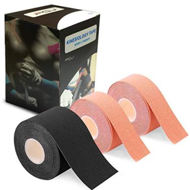 Imagem de Fita tereputica Kinesiology Physio para recuperação de esportes atléticos alívio da dor forte adesão à prova d'água algodão original sem cortes 1 rolo 5 cm x 5 m / 2 rolos 2,5 cm x 5 m (1 preto/2 bege