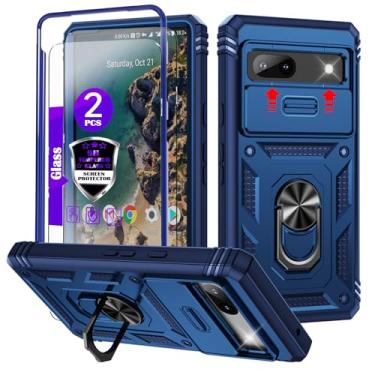 Imagem de Capa para Google Pixel 7A com capa deslizante para câmera, 2 películas de vidro temperado, suporte de anel giratório de 360°, capa protetora de grau militar para Google Pixel 7A 6,1 polegadas - azul