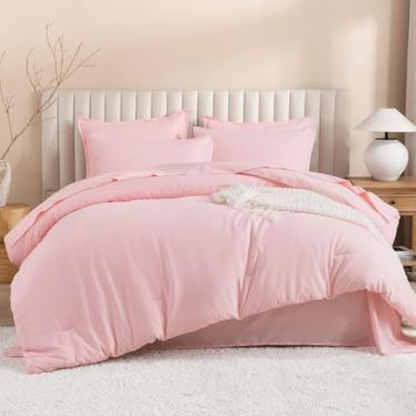 Imagem de Litanika Conjunto de edredom solteiro GG rosa - 5 peças, conjunto de cama em um saco, conjunto de cama leve sólido com edredom, lençóis, fronha e fronha