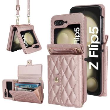 Imagem de Bolsa crossbody capa de telefone de couro para Samsung Galaxy Z Flip 5 4 3 Flip5 Flip4 Flip3 5G capa de cartão carteira com cordão longo, ouro rosa, para Samsung Z Flip3