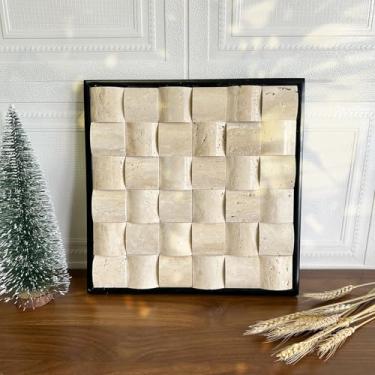 Imagem de SIRIZEN-DIVING Arte decorativa de parede travertino 3D, mosaico de pedra natural, moldura preta, decoração de mármore, pintura de mármore (bege)