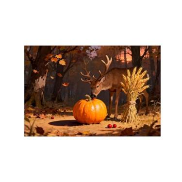 Imagem de Quadro arte parede outono-Abóbora trigo veado Impressões em tela paisagens-Pintura animais para sala estar decoração fazenda 20x30cm Sem Moldura