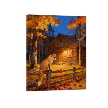 Imagem de Quadro parede outono-Raposa cabana árvore Impressões em tela paisagens-Pintura animais para decoração sala estar 60x80cm Tela Embrulhada