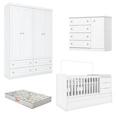 Imagem de Quarto Infantil 4 Portas Americano Com Berço Multifuncional Cleo Branc