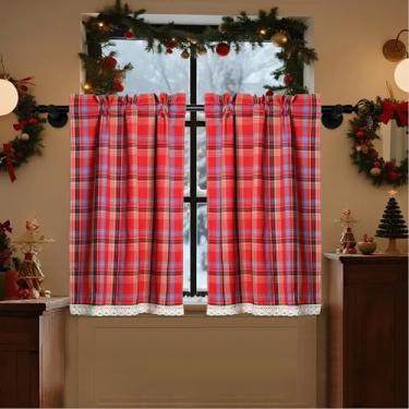 Imagem de Bentrilisa Cortinas de camada escocesa vermelha tartã listradas meia pequena cortinas de janela rústicas xadrez xadrez guingão cozinha café cortina com acabamento em renda, pacote com 2, 71 x 91 cm