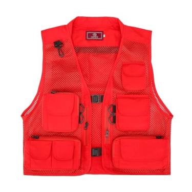 Imagem de Colete De Pesca Verão, Colete De Homem Leve Oco Fino Multibolsos Em Malha Respirável, Casaco Trabalho E Safari Para Uso Externo, Para Fotografia E Trabalho(Red,M)
