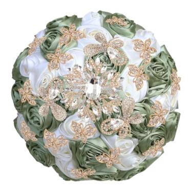 Imagem de Ljxoaieu Buquês de broche dourado para noiva segurando flores, rosas de cetim bege com diamante de cristal para decoração de casamento. (marfim + sálvia)