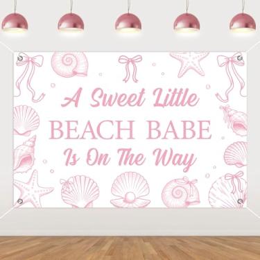 Imagem de Cheereveal Decorações de chá de bebê com laço rosa e concha, 1,5 x 3 pés A Sweet Little Beach Babe Is On The Way Banner de pano de fundo, tema de praia náutica costeira oceânica chá de bebê revelação