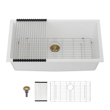 Imagem de Mocoloo Pia de cozinha de granito composta de 83 cm - Pia de cozinha branca de 83 x 48 cm, tigela única de quartzo branco fosco sob a pia com ralo dourado e rack de enrolar