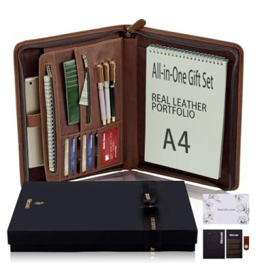 Imagem de Conjunto de presente de portfólio de couro genuíno com zíper - organizador completo de documentos de negócios de 33 x 25 cm para reuniões e entrevistas, para A4 e iPad, com caixa de presente, cartão