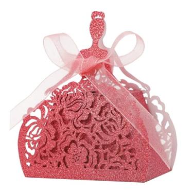 Imagem de Surakey Pacote com 50 caixas de lembrancinhas de festa de casamento cortadas a laser para meninas, saco de doces, chocolate, chá de casamento, bomboniere com fitas, caixas de doces com glitter, vazado