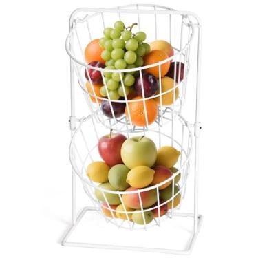 Imagem de yuejihuisimple Cesta de frutas de 2 camadas, tigela de frutas e vegetais de bancada para cozinha, cesta de armazenamento de arame de metal, organizador de suporte de frutas para pão, lanches, vegetais